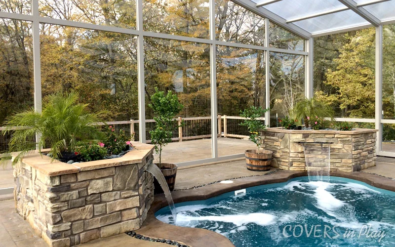 Close-up of clear acrylic walls on a pool dome enclosure