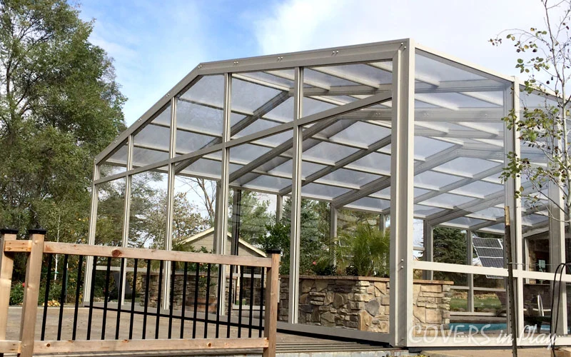 Exterior rear view of closed pool dome enclosure in Des Moines