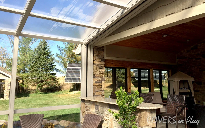 Interior view of connection between pool dome enclosure and home in Iowa