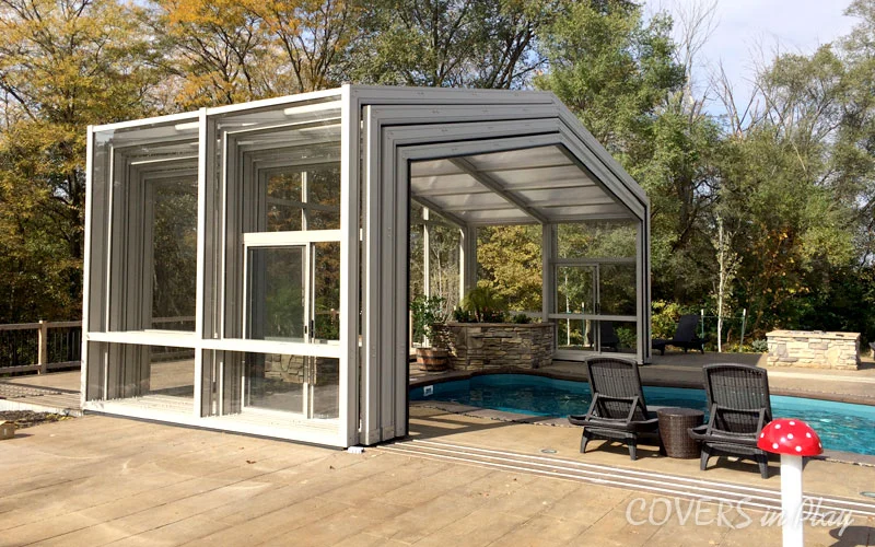 Exterior side view of open pool dome enclosure in Des Moines